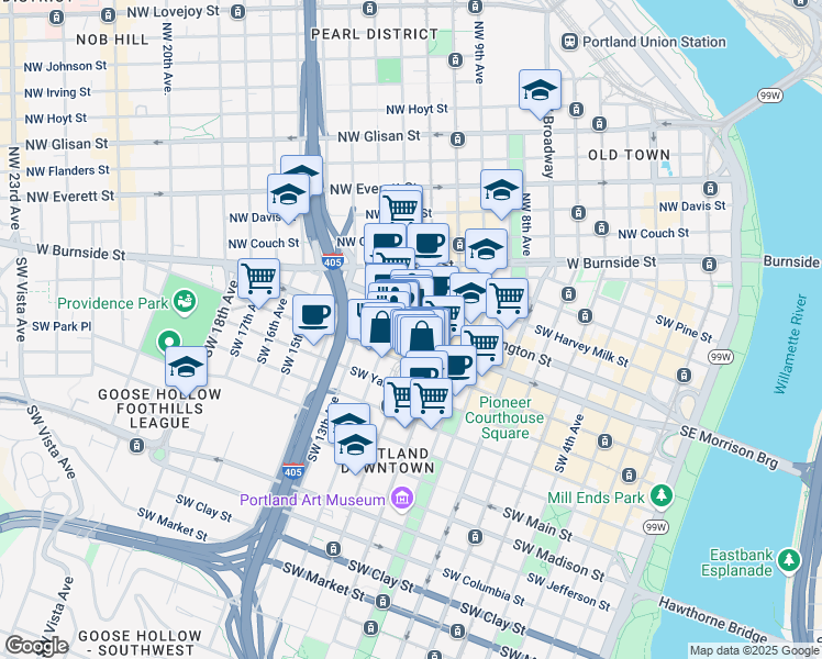 map of restaurants, bars, coffee shops, grocery stores, and more near in Portland