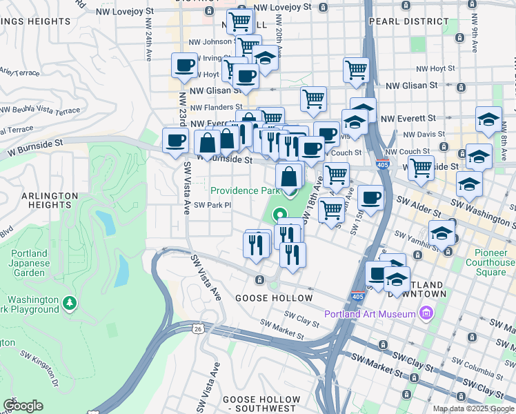 map of restaurants, bars, coffee shops, grocery stores, and more near 2020 Southwest Salmon Street in Portland