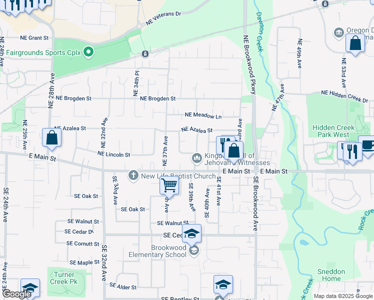 map of restaurants, bars, coffee shops, grocery stores, and more near 3810 Northeast Lincoln Street in Hillsboro