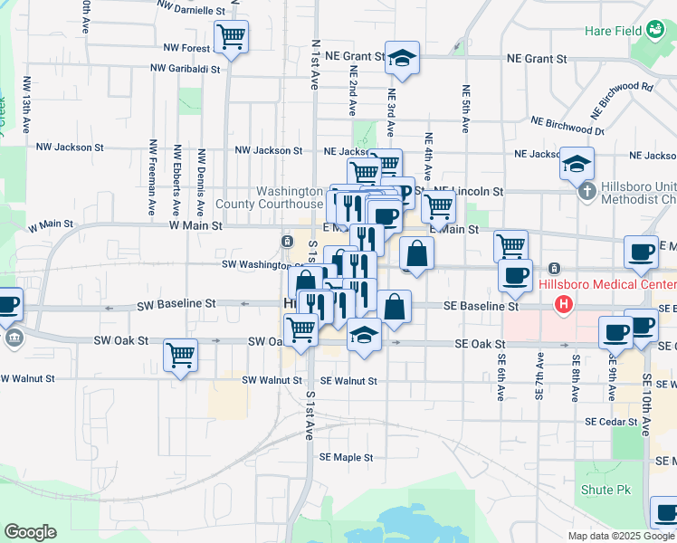map of restaurants, bars, coffee shops, grocery stores, and more near 264 Southeast 2nd Avenue in Hillsboro