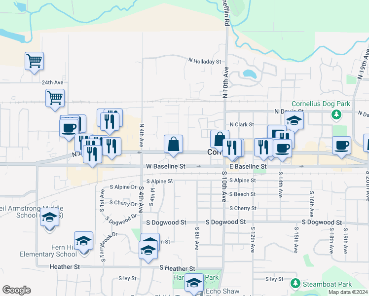 map of restaurants, bars, coffee shops, grocery stores, and more near in Cornelius