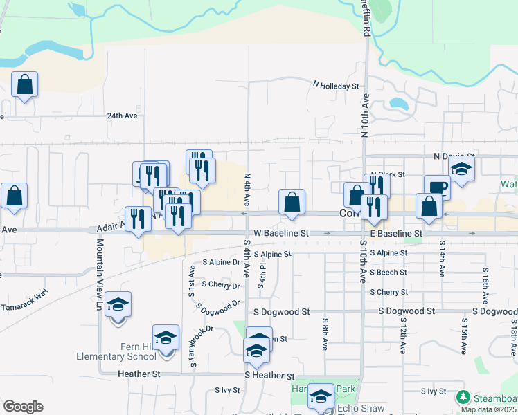 map of restaurants, bars, coffee shops, grocery stores, and more near 466 West Baseline Street in Cornelius