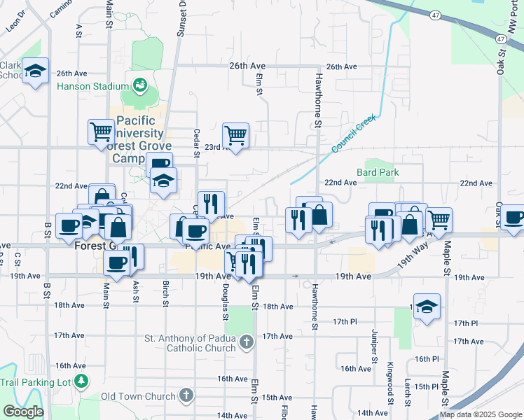map of restaurants, bars, coffee shops, grocery stores, and more near 2528 21st Avenue in Forest Grove