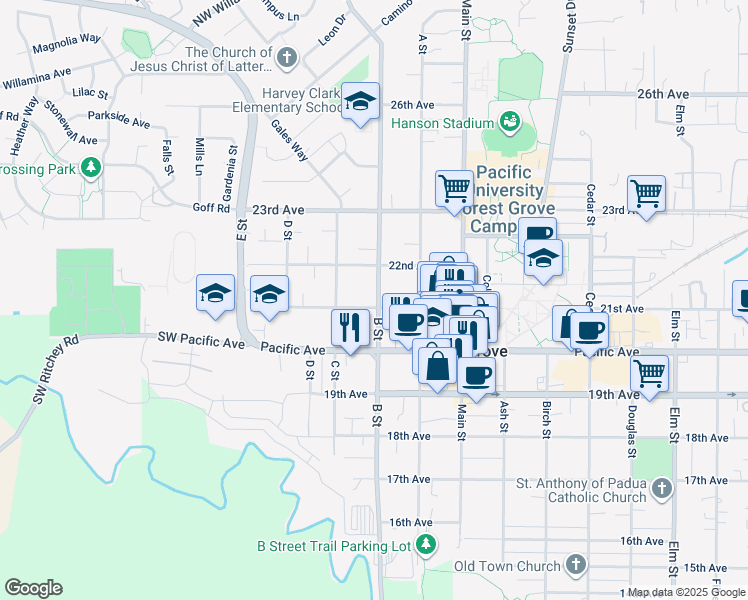 map of restaurants, bars, coffee shops, grocery stores, and more near 2025 B Street in Forest Grove