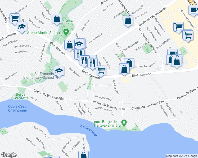 map of restaurants, bars, coffee shops, grocery stores, and more near 292 Boulevard Samson in Laval