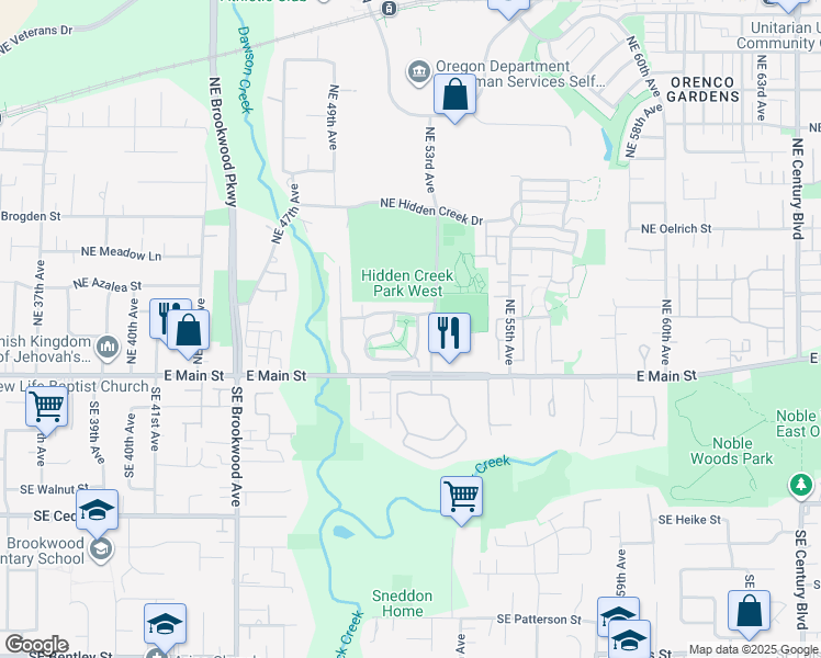 map of restaurants, bars, coffee shops, grocery stores, and more near 5216 Northeast Schoeler Circle in Hillsboro