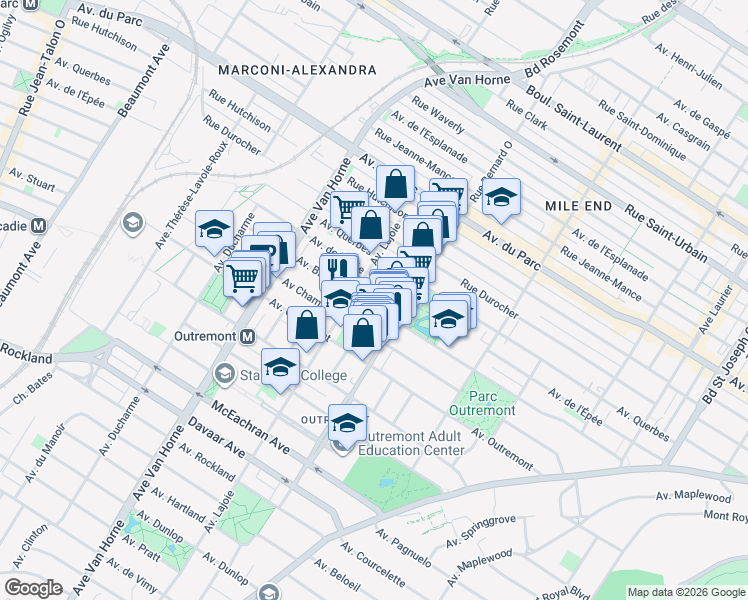 map of restaurants, bars, coffee shops, grocery stores, and more near 663 Avenue Bloomfield in Montréal