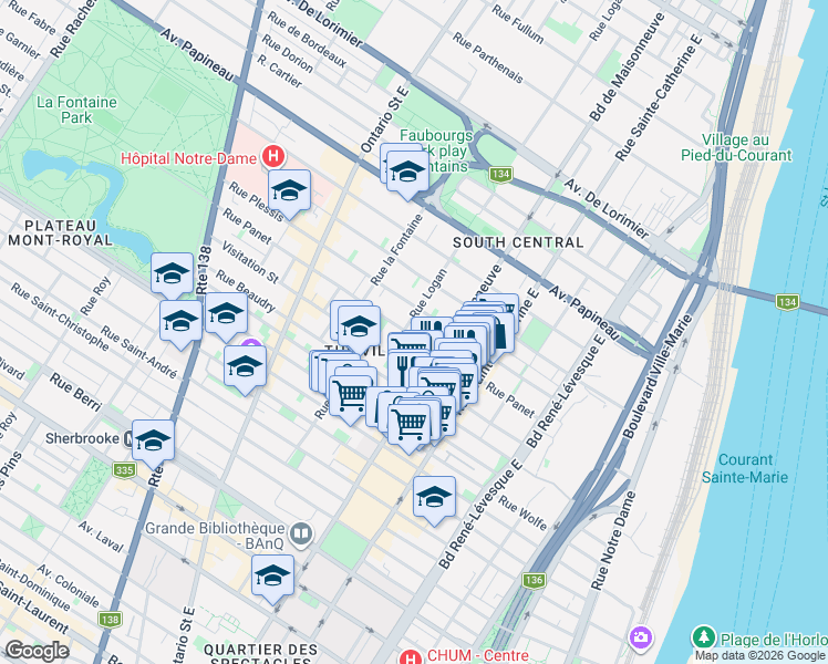 map of restaurants, bars, coffee shops, grocery stores, and more near 1627 Rue Panet in Montréal