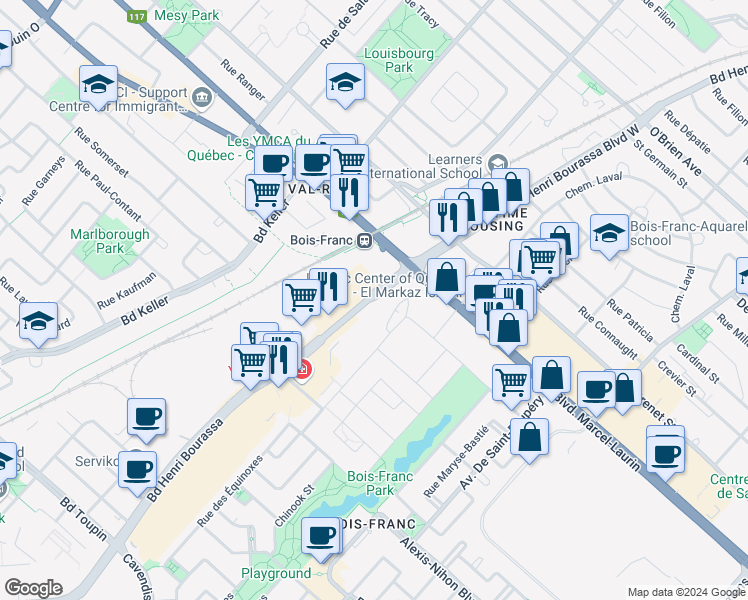 map of restaurants, bars, coffee shops, grocery stores, and more near 5200 Boulevard Henri Bourassa Ouest in Montréal