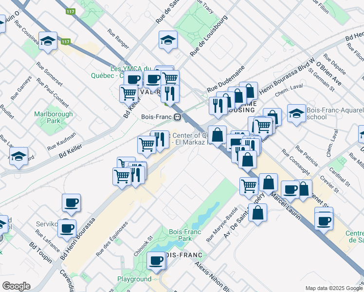 map of restaurants, bars, coffee shops, grocery stores, and more near 5200 Boulevard Henri Bourassa Ouest in Montréal