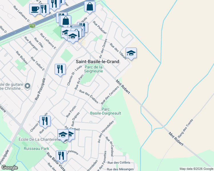 map of restaurants, bars, coffee shops, grocery stores, and more near 18 Rue des Cèdres in Saint-Basile-le-Grand