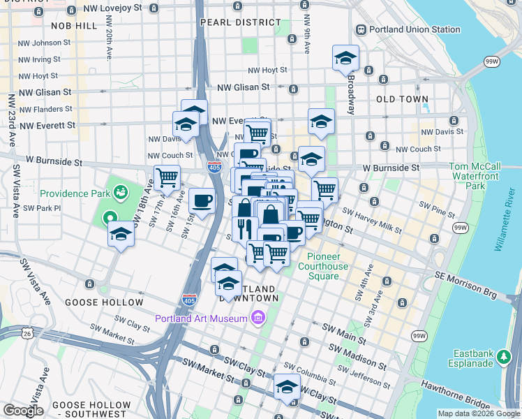 map of restaurants, bars, coffee shops, grocery stores, and more near 1117 Southwest Alder Street in Portland