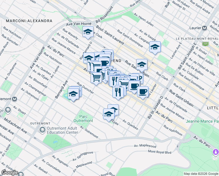 map of restaurants, bars, coffee shops, grocery stores, and more near 5370 Avenue du Parc in Montrã©Al