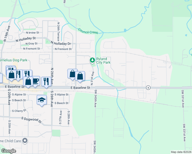 map of restaurants, bars, coffee shops, grocery stores, and more near 128 North 31st Avenue in Cornelius