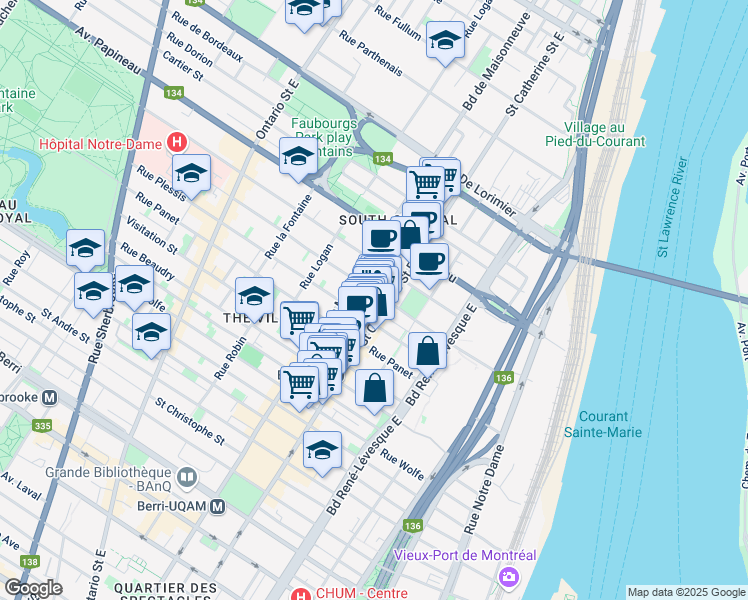 map of restaurants, bars, coffee shops, grocery stores, and more near 1422a Rue Alexandre-DeSève in Montréal