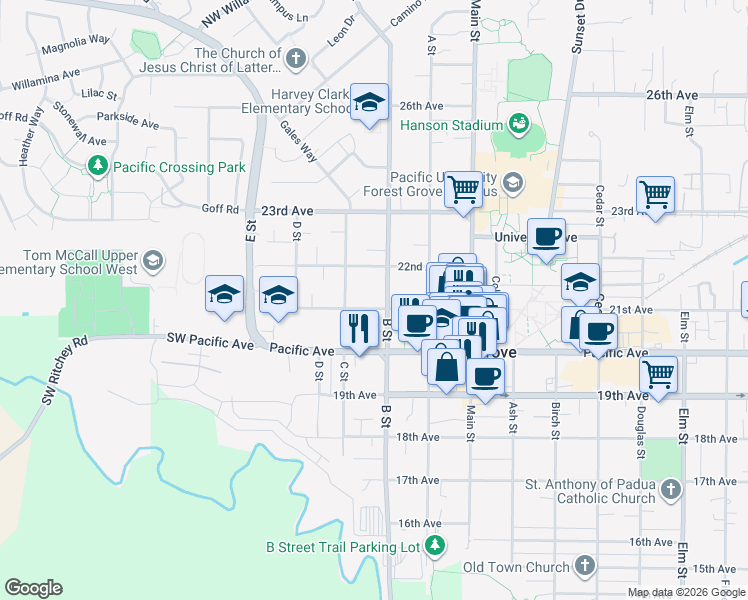 map of restaurants, bars, coffee shops, grocery stores, and more near 2027 C Street in Forest Grove