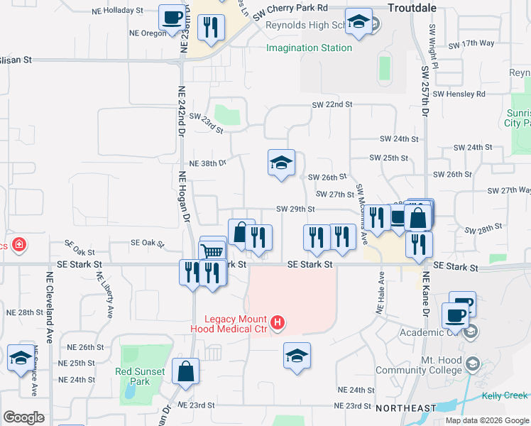 map of restaurants, bars, coffee shops, grocery stores, and more near 2120 Southwest 29th Street in Troutdale