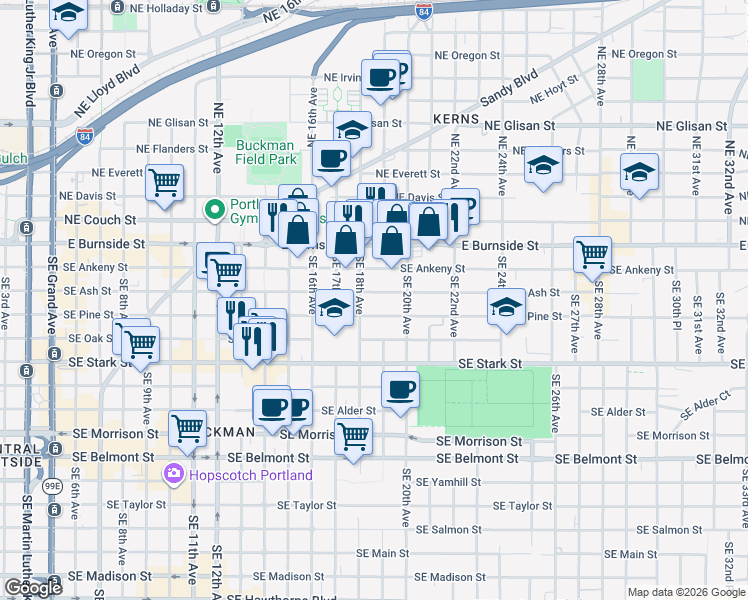 map of restaurants, bars, coffee shops, grocery stores, and more near 1804 Southeast Pine Street in Portland