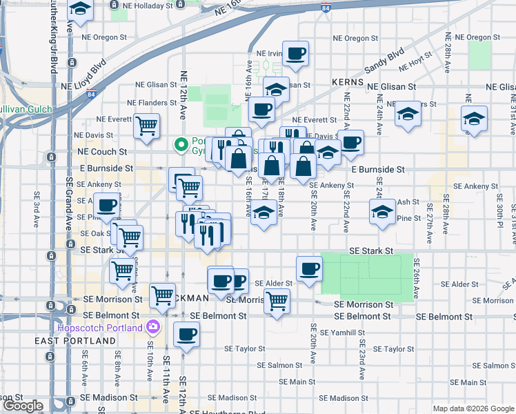 map of restaurants, bars, coffee shops, grocery stores, and more near 320 Southeast 16th Avenue in Portland