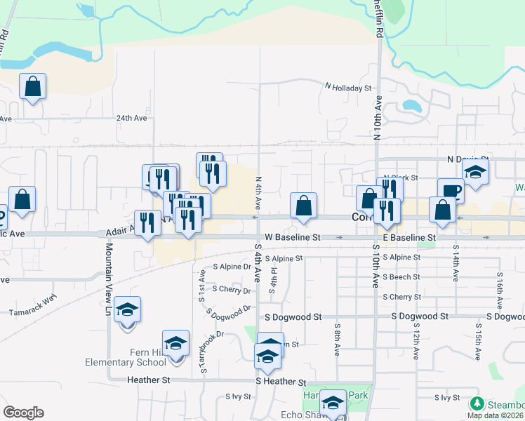 map of restaurants, bars, coffee shops, grocery stores, and more near 466 West Baseline Street in Cornelius