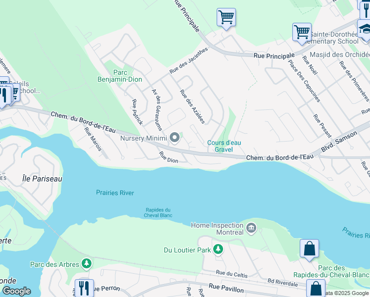 map of restaurants, bars, coffee shops, grocery stores, and more near 1031 Chemin du Bord-de-l'Eau in Laval