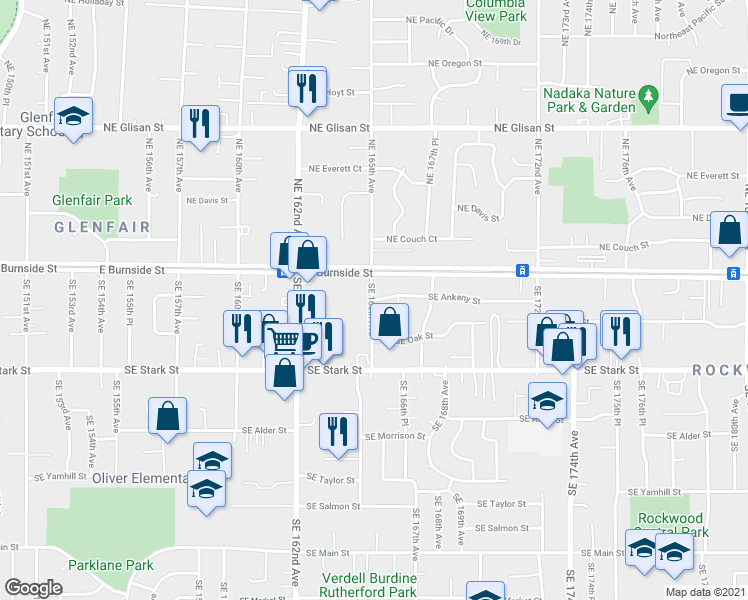 map of restaurants, bars, coffee shops, grocery stores, and more near 16509 Southeast Ankeny Street in Portland