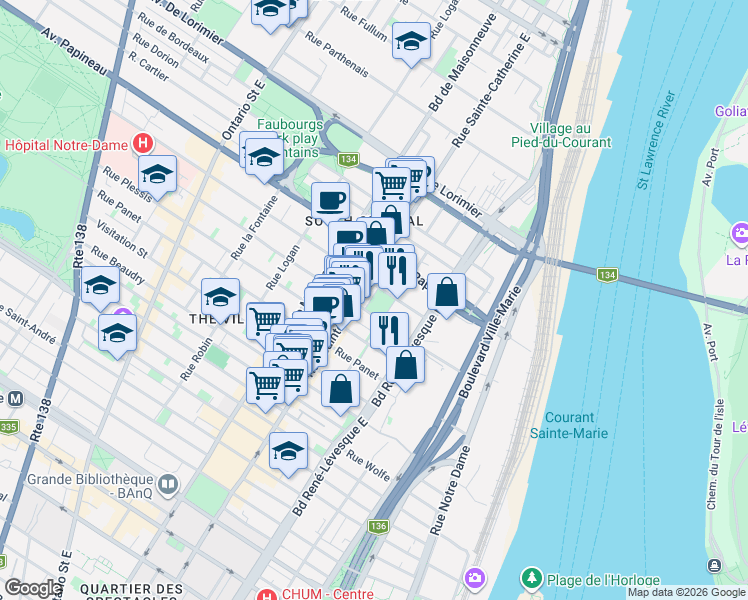 map of restaurants, bars, coffee shops, grocery stores, and more near 1575 Rue Gareau in Montréal
