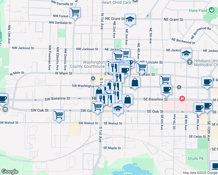 map of restaurants, bars, coffee shops, grocery stores, and more near 160 Southeast Washington Street in Hillsboro