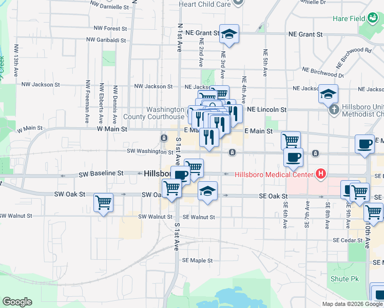 map of restaurants, bars, coffee shops, grocery stores, and more near 160 Southeast Washington Street in Hillsboro