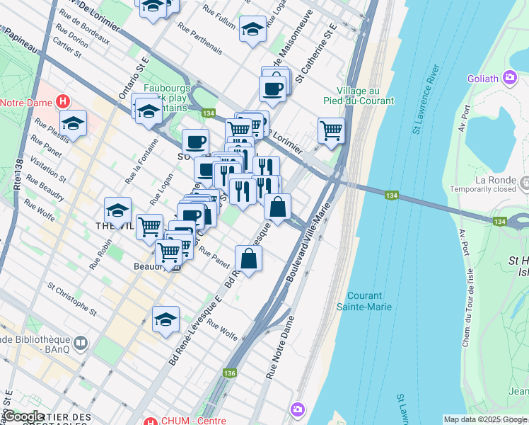 map of restaurants, bars, coffee shops, grocery stores, and more near in Montreal