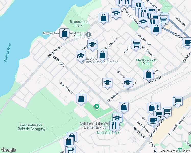 map of restaurants, bars, coffee shops, grocery stores, and more near 3450 Rue Beauséjour in Montréal