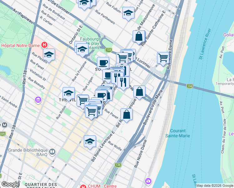 map of restaurants, bars, coffee shops, grocery stores, and more near 1575 Rue Gareau in Montréal