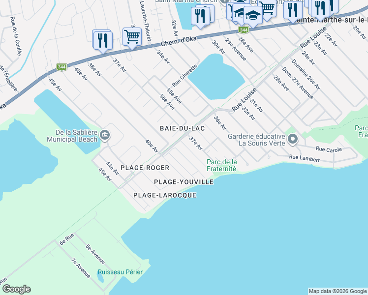 map of restaurants, bars, coffee shops, grocery stores, and more near 3198 Rue Roger in Sainte-Marthe-sur-le-Lac