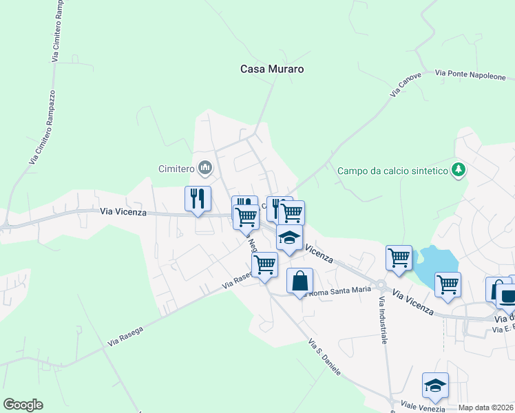 map of restaurants, bars, coffee shops, grocery stores, and more near 17 Via Gandhi in Camisano Vicentino