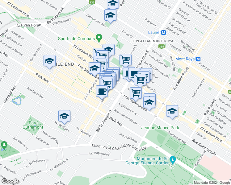 map of restaurants, bars, coffee shops, grocery stores, and more near 5014 Rue Saint-Urbain in Montréal