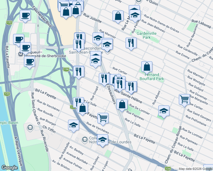 map of restaurants, bars, coffee shops, grocery stores, and more near 795 Rue Sainte-Hélène in Longueuil