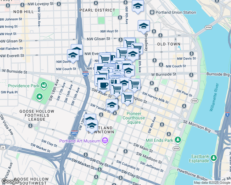 map of restaurants, bars, coffee shops, grocery stores, and more near 511 Southwest 10th Avenue in Portland