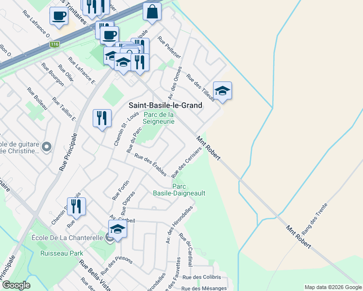 map of restaurants, bars, coffee shops, grocery stores, and more near 18 Rue des Cèdres in Saint-Basile-le-Grand
