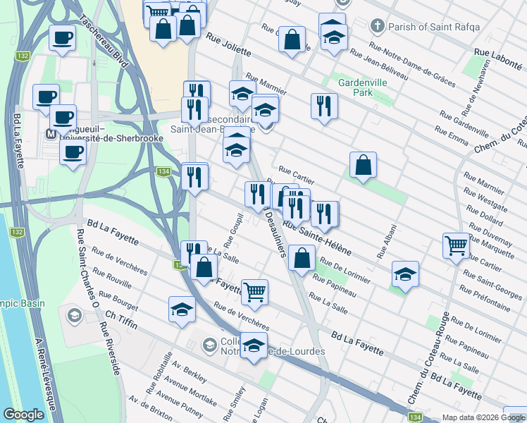 map of restaurants, bars, coffee shops, grocery stores, and more near 795 Rue Sainte-Hélène in Longueuil