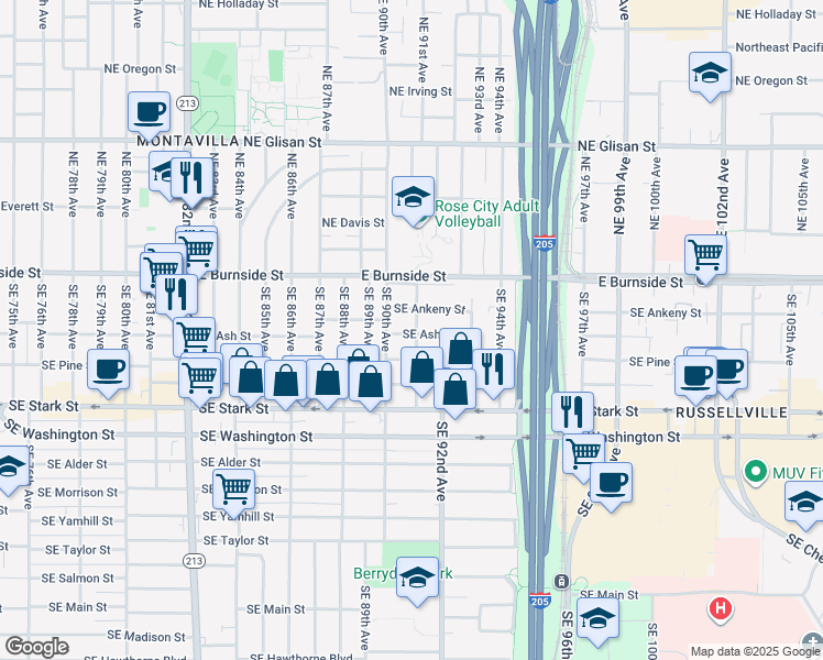 map of restaurants, bars, coffee shops, grocery stores, and more near 9045 Southeast Ash Street in Portland