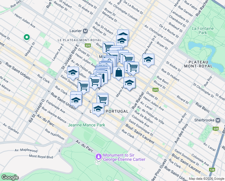 map of restaurants, bars, coffee shops, grocery stores, and more near 4394 Avenue de l'Hôtel de Ville in Montréal