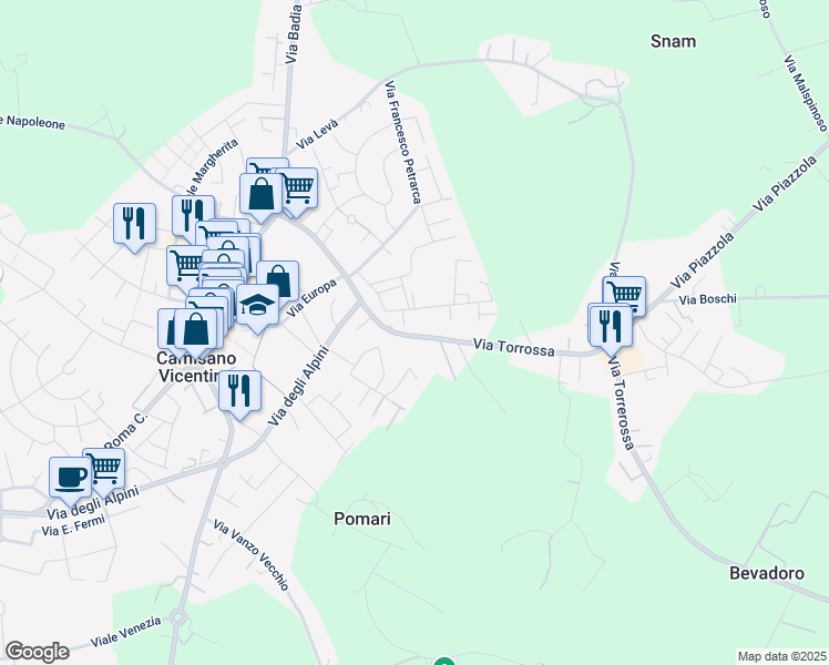 map of restaurants, bars, coffee shops, grocery stores, and more near 72 Via Filanda in Camisano Vicentino