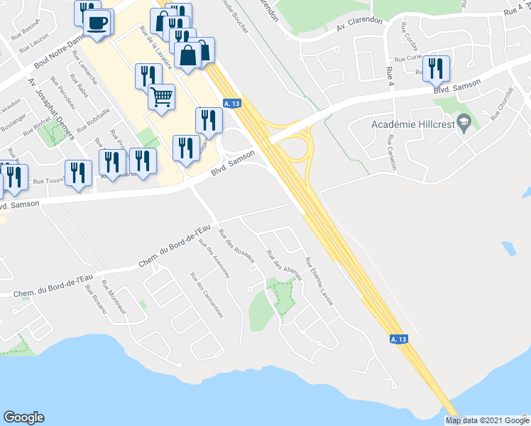 map of restaurants, bars, coffee shops, grocery stores, and more near 34 Chemin du Bord-de-l'Eau in Laval
