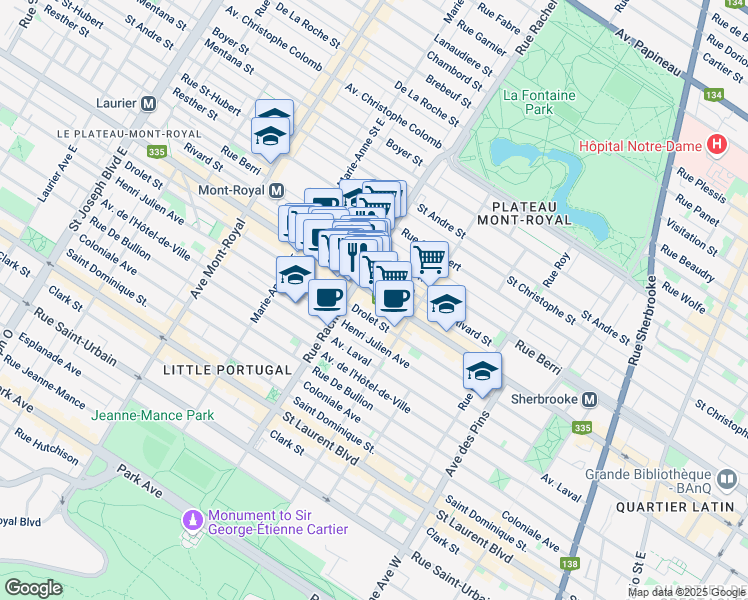 map of restaurants, bars, coffee shops, grocery stores, and more near 4203 Rue Saint-Denis in Montréal
