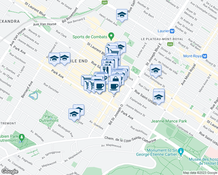 map of restaurants, bars, coffee shops, grocery stores, and more near 5154 Avenue de l'Esplanade in Montréal