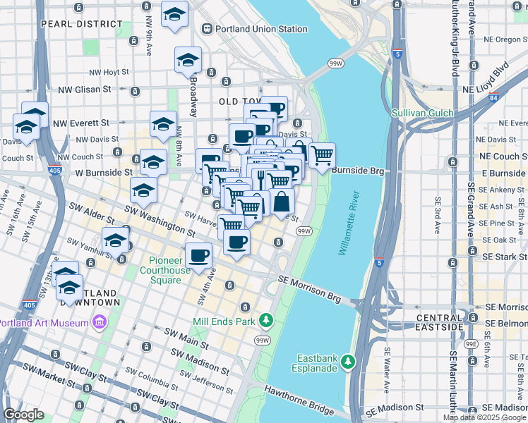 map of restaurants, bars, coffee shops, grocery stores, and more near 108 Southwest 3rd Avenue in Portland