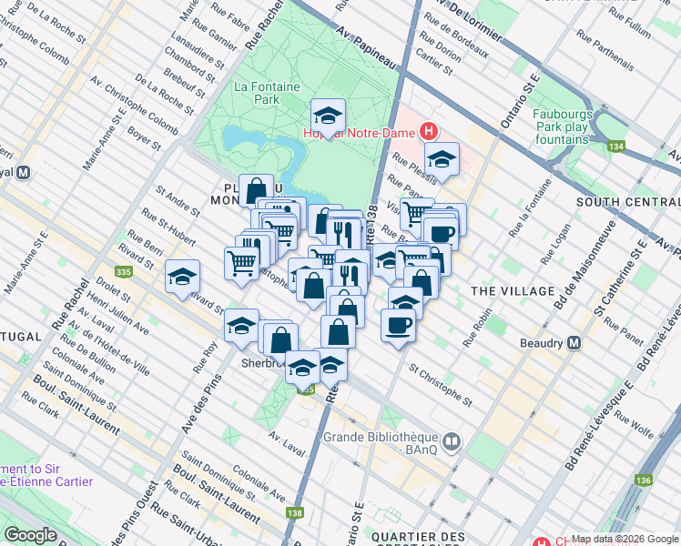 map of restaurants, bars, coffee shops, grocery stores, and more near 966 Rue Cherrier in Montréal