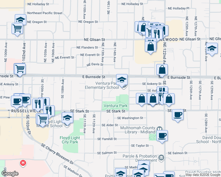 map of restaurants, bars, coffee shops, grocery stores, and more near 11425 Southeast Ash Court in Portland