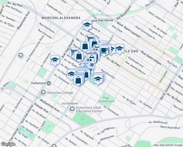 map of restaurants, bars, coffee shops, grocery stores, and more near 1120 Avenue Bernard in Montréal