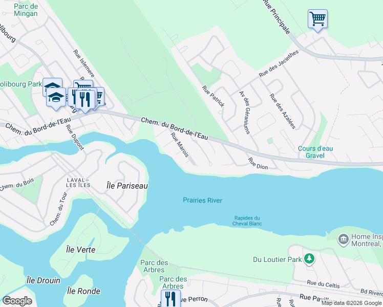 map of restaurants, bars, coffee shops, grocery stores, and more near 1075 Rue Marois in Laval